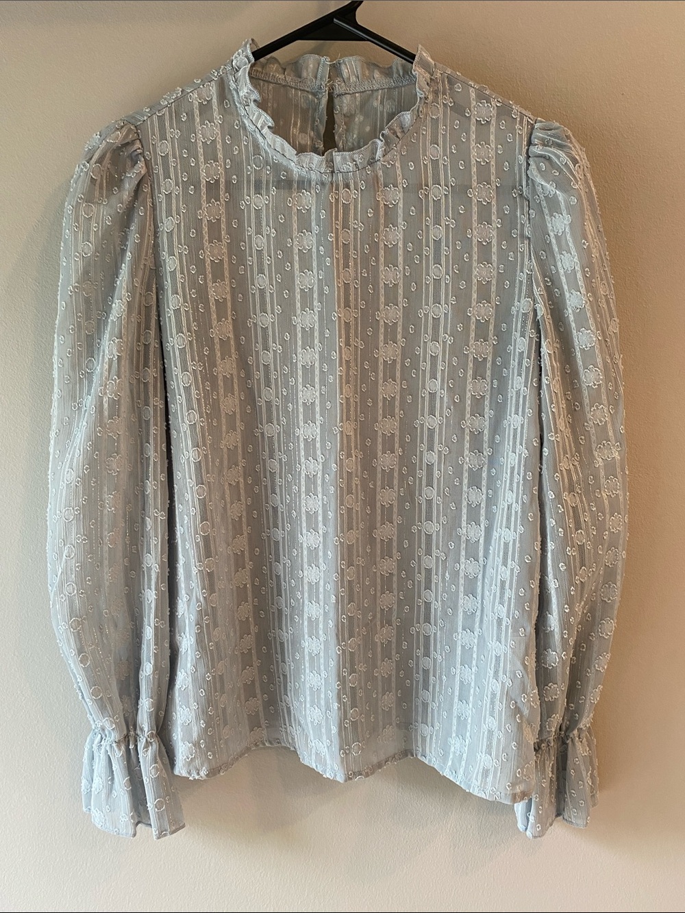 Light Blue Lace-Trim Puff Sleeve Blouse